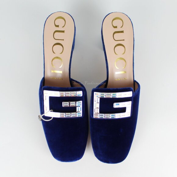 NEW Gucci Crystal Logo Velvet Mules Shoes - Office to Evening, Cocktail, Party - Picture 9 of 15
